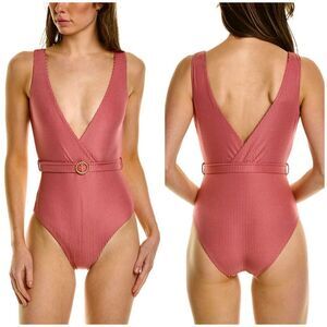 NEW Onia Michelle One-Piece Swimsuit Ribbed Belted Waist Solid Dusty Rose | XS